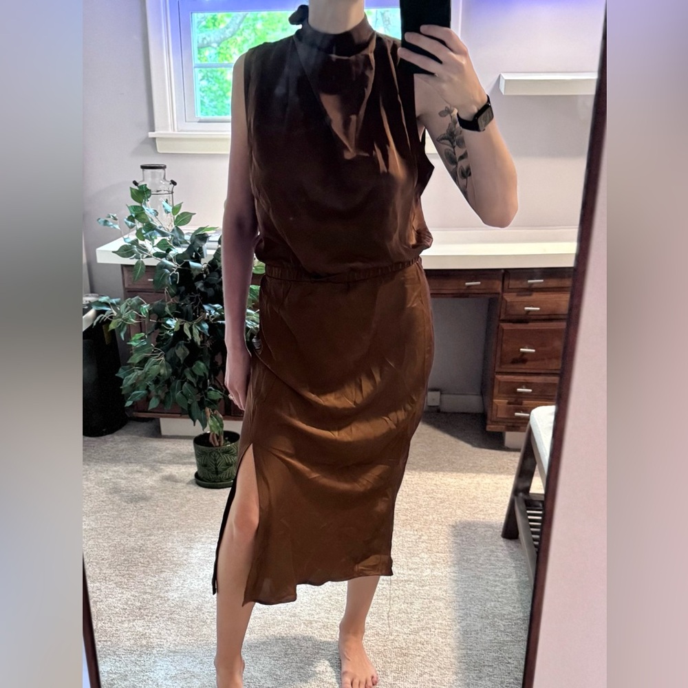 Brown Cinched Midi Dress with High Neck